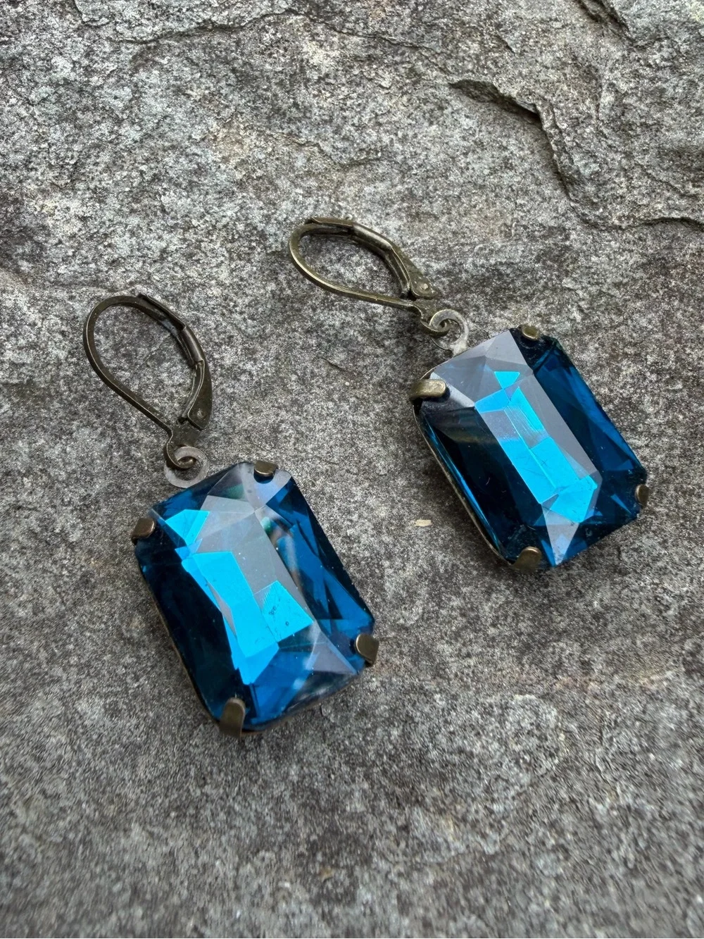 Vintage Blue Crystal Rectangular Drop Earrings